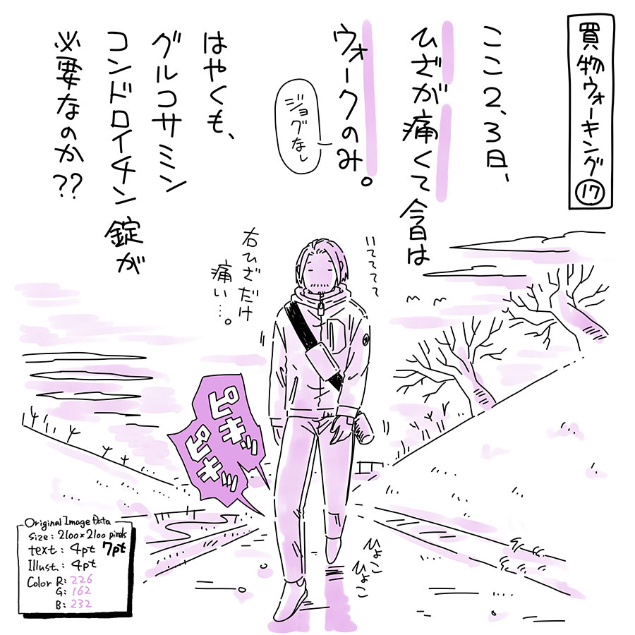 ユアサミズキのイラスト絵日記１コママンガ

中高生の頃は運動部で、そん時の痛みを思い出すよ。

グルコサミン・コンドロイチンって効くのかな？

あれ？随分運動してなくて忘れてたけど、古傷みたいなこと？
大晦日-元日は歩かないと思うので療養しよう。