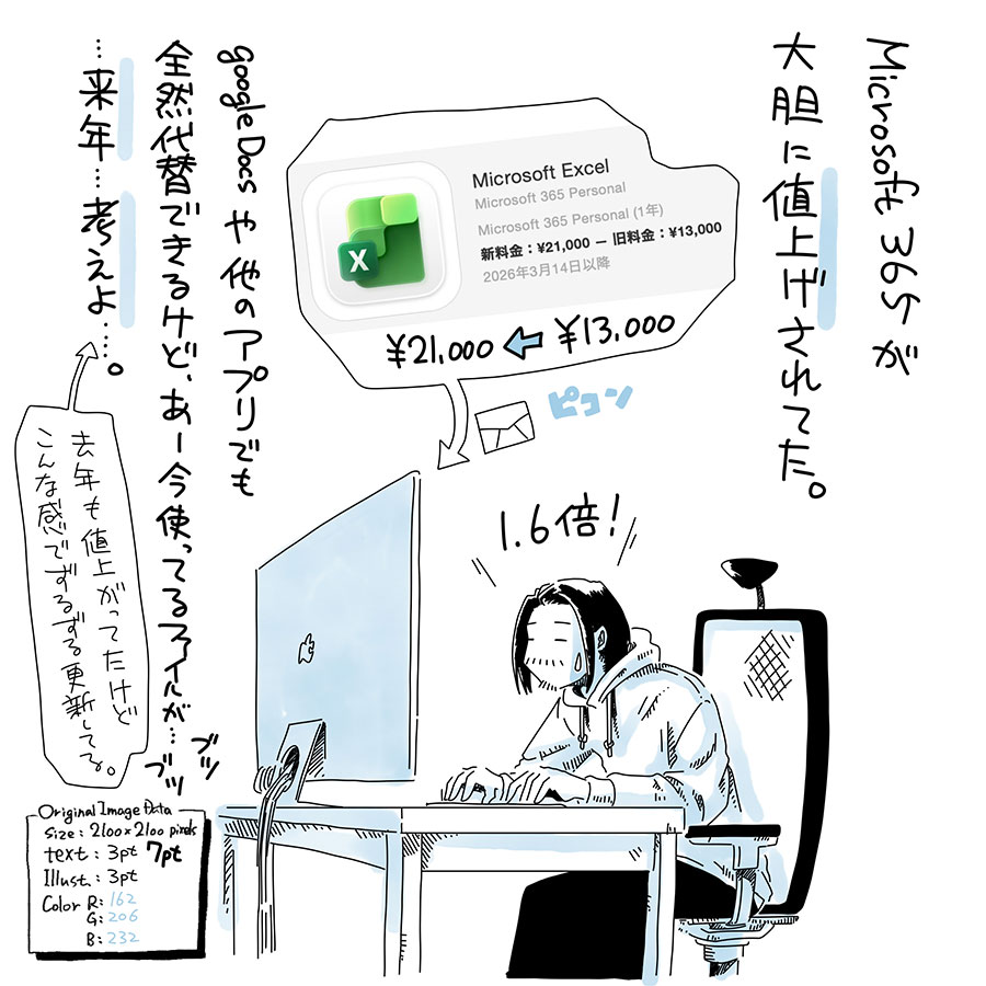 ユアサミズキのイラスト絵日記1コママンガ
1.6倍はびっくりしたよ。
日常的には自分のお仕事管理でエクセル使うくらいだから、他のアプリに移行しても全然大丈夫ではある。取引先にデータ送る時もPDFにしちゃったりするしね。3月更新ぽいから重い腰を上げるか…。。