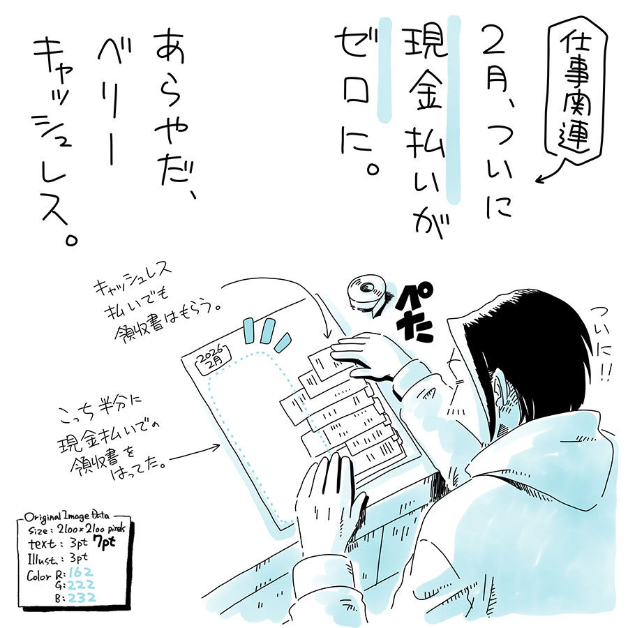 ユアサミズキのイラスト絵日記1コママンガ
とはいえ来週には
現金支払いの予定が1つあるので、
ずっと完全キャッシュレスとは
なかなかいかない。
領収書はもらうけど、
キャッシュレスの支払い一覧が
そのまま帳簿になるんで、
経理作業は圧倒的に楽ね。
(もっと早くやればよかった)