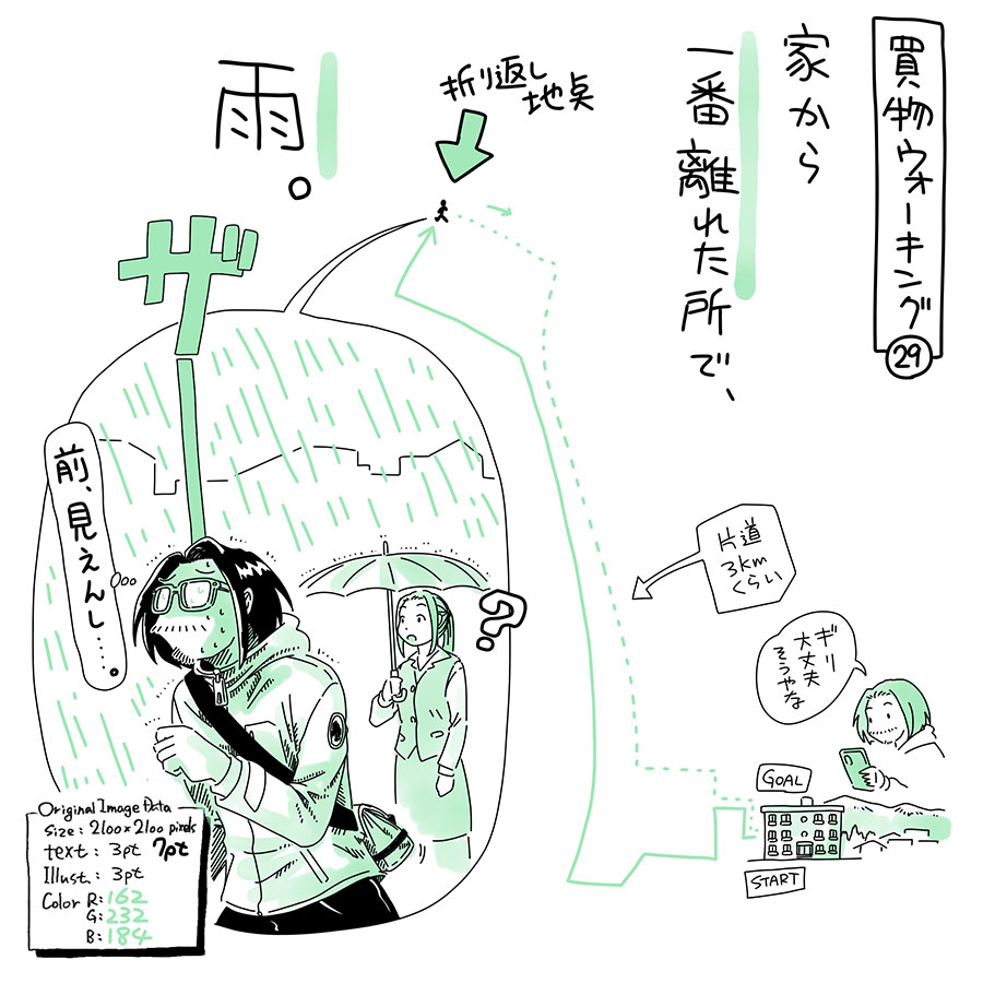 ユアサミズキのイラスト絵日記1コママンガ

3月最後だし歩いておきたいなと
天気の合間を見て出かけたけど、
あかんかった…。

途中、桜並木を通ったんで
思ったより濡れなかったよ。

完璧に雨予報なのに何でこの人
傘持ってないんだろう？
…とは、思われてたと思う。